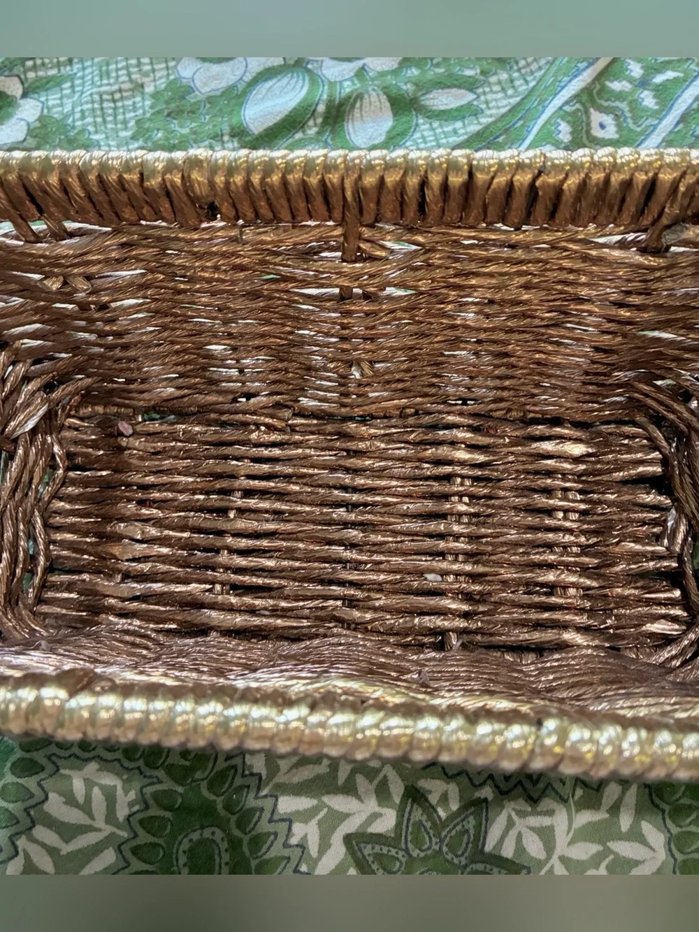 Metallic Gold Woven Abaca Rope Basket, Late 20th Century Rectangle with Handles.